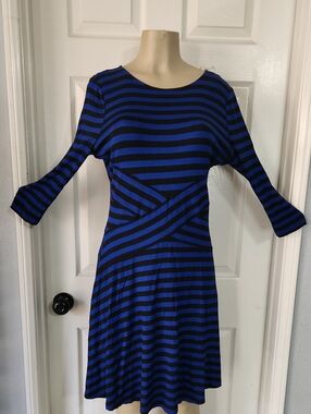 ECI Blue and Black Striped Midi Dress with Twisted Waist Detail Stretch